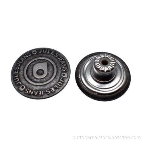 Close top brass jeans button in old silver color, with single pin